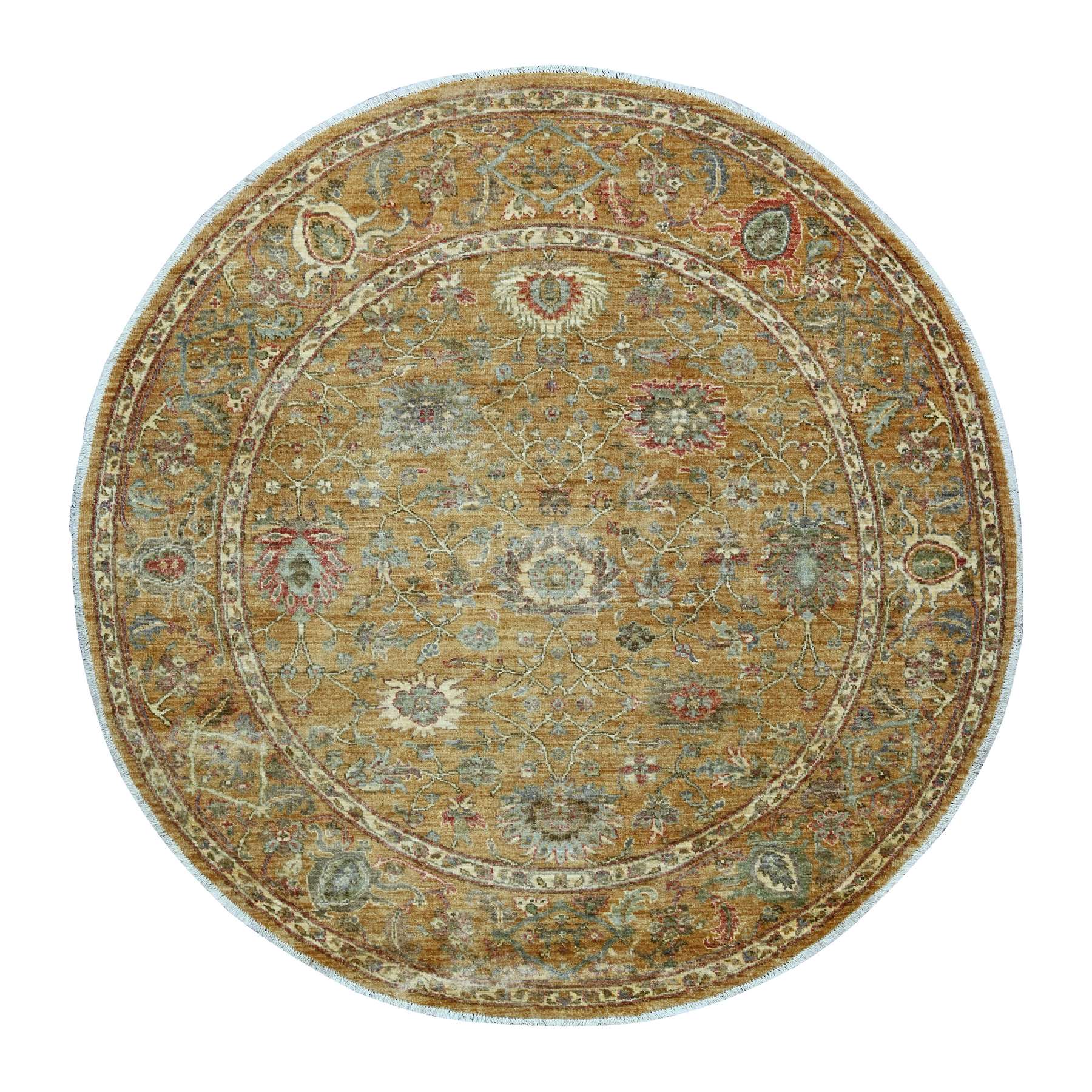 6'x6' Golden Brown, Hand Knotted, Peshawar with Ziegler Mahal Design, High Mountain Wool, Denser Weave, Round, Oriental Rug 